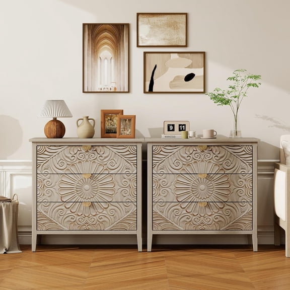 LFGUIZO 31.5" Vintage 3 Drawers Set of 2 Accent Cabinet, American Style Carved Buffet Accent Cabinet with, Storage Space for Entryway, Living Room Kitchen