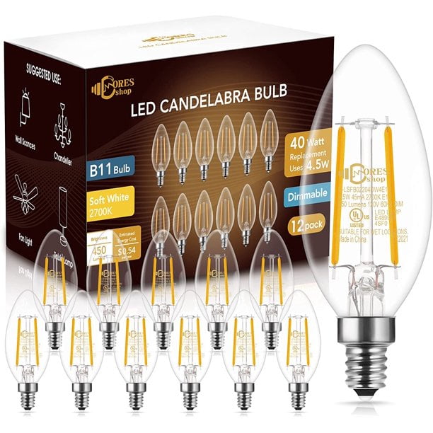 E12 Led Filament Light Bulbs 4 5w 40w Equivalent Candelabra Base 2700k Soft White B11 Vintage Edison Decoration 12 Pack Com E12 Led Filament Light Bulbs 4 5w 40w, 40 Watt E12 Chandelier Light Bulbs