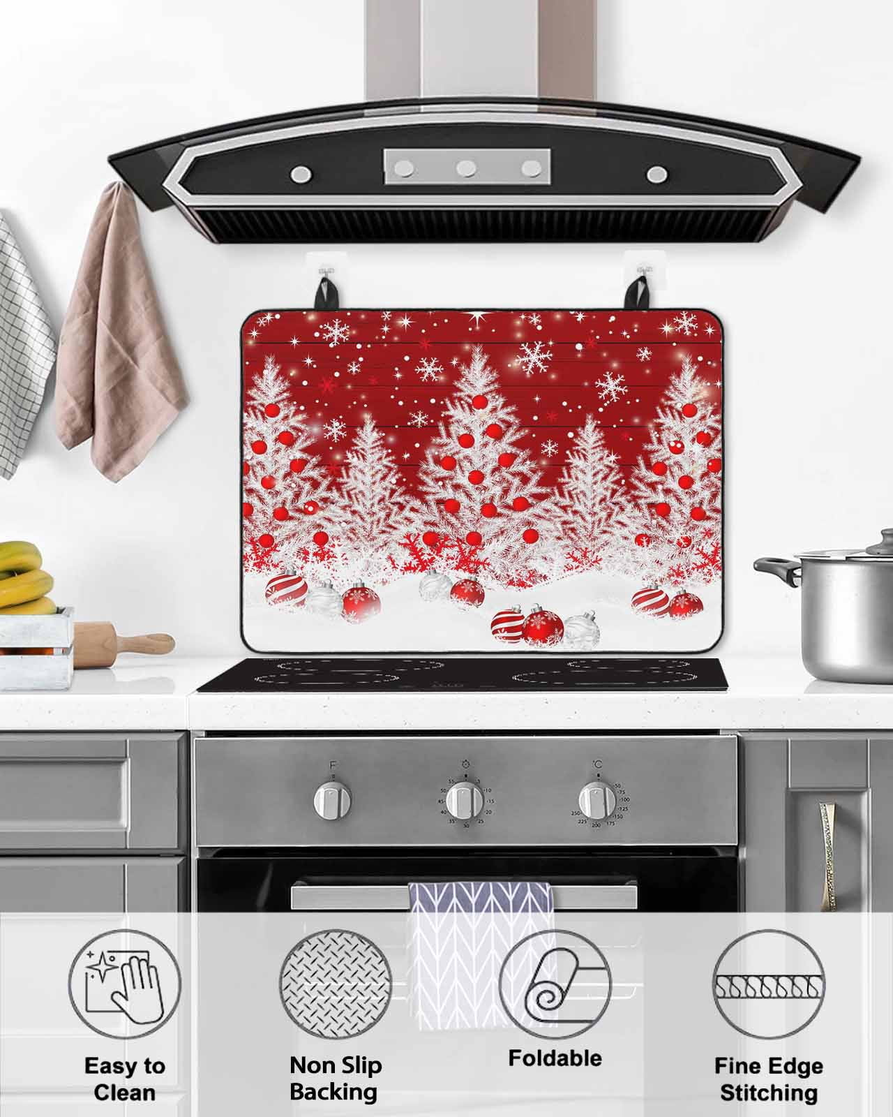 Large Induction Cooktop Protector Mat Red Christmas Stove Top Covers for Electric Stove, Snowflake Xmas Tree Ball Wooden Winter Decorative Stove Burner Cover Mats, Glass Top Stove Cover