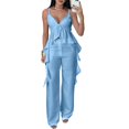 thumbnail image 2 of ZenCart Women's V-Neck Top with Pants Ruffled Camisole Top with Straight Pants Breathable Commuter Suit Summer Casual Outfit for Office Party Street, 2 of 8