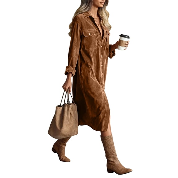Women's Fall Corduroy Dress Vintage Button Up Midi Dress, Collared Long Sleeve Work Dresses