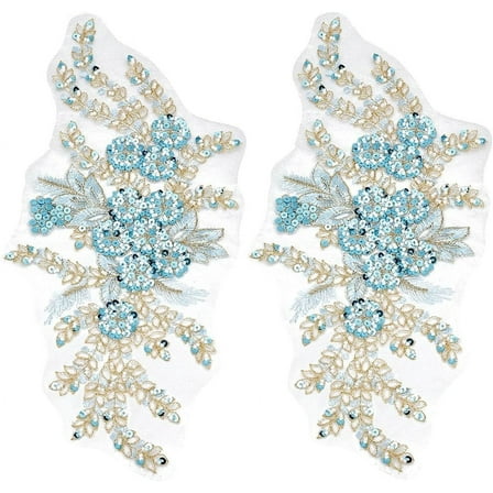 2Pcs 3D Floral Sequin Applique Embroidery Lace Flower Tulle Patches Polyester Sky Blue Beaded Embroidered Sew on Appliques for Sewing Making Wedding Cloth Gown Costumes Embellishment Supply