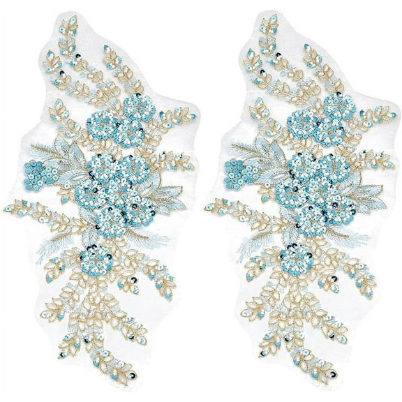2 pc 2Pcs 3D Floral Sequin Applique Embroidery Lace Flower Tulle Patches Polyester Sky Blue Beaded Embroidered Sew on Appliques for Sewing Making Wedding Cloth Gown Costumes Embellishment Supply