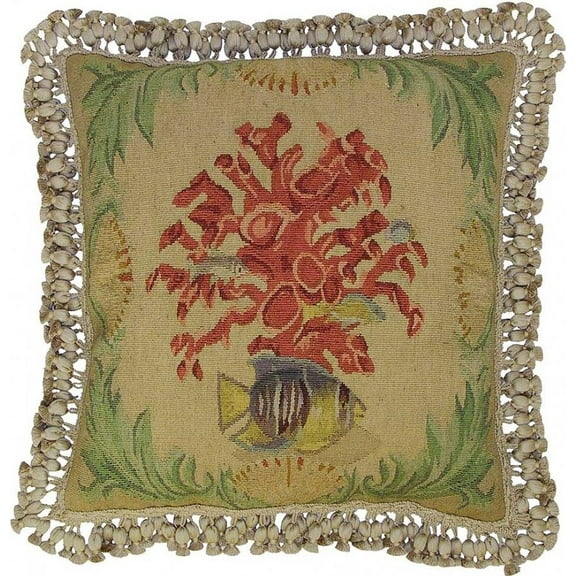Aubusson Throw Pillow Square 20"x20", Seaweed Fish Shells, Brown/Beige/Tan
