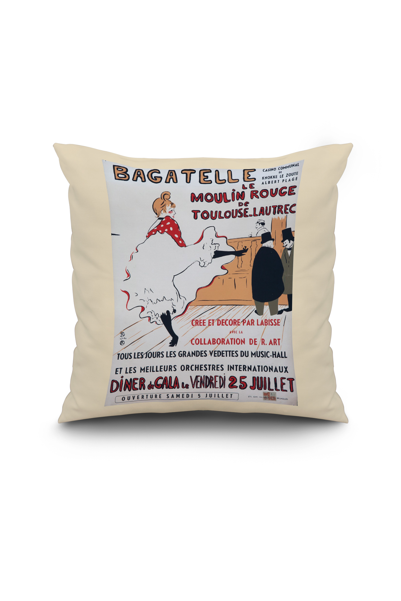 Le Moulin Rouge De Toulouse Bagatelle Artist Toulouse Lautrec Henri De Belgium Vintage Poster 18x18 Spun Polyester Pillow White Border