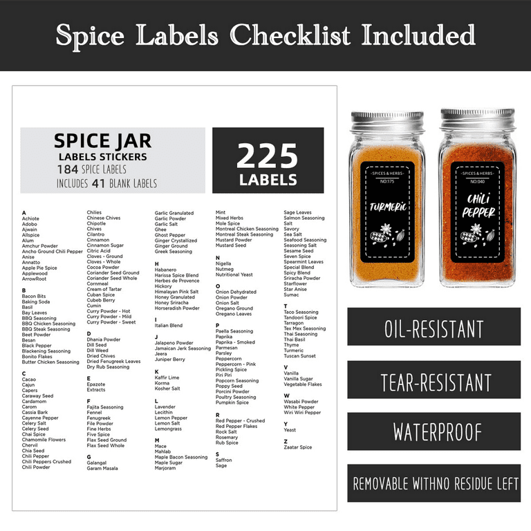 225 PCS Spice Jar Labels, Does't Include Jars,184 Preprinted 41 Extra  Write-On Labels for DIY, Waterproof, Oil Resistant, No Residue Herb Seasoning  Labels for Kitchen Pantry. (1.18x2.2, Black) 