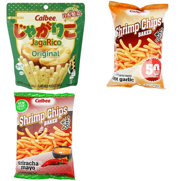 Calbee Shrimp Chip and Jagarico 3 Flavor Mix Bundle(Jagarico Original,Shrimp Hot Garlic,Shrimp Sriracha Mayo) Plus NineChef Brand Spoon
