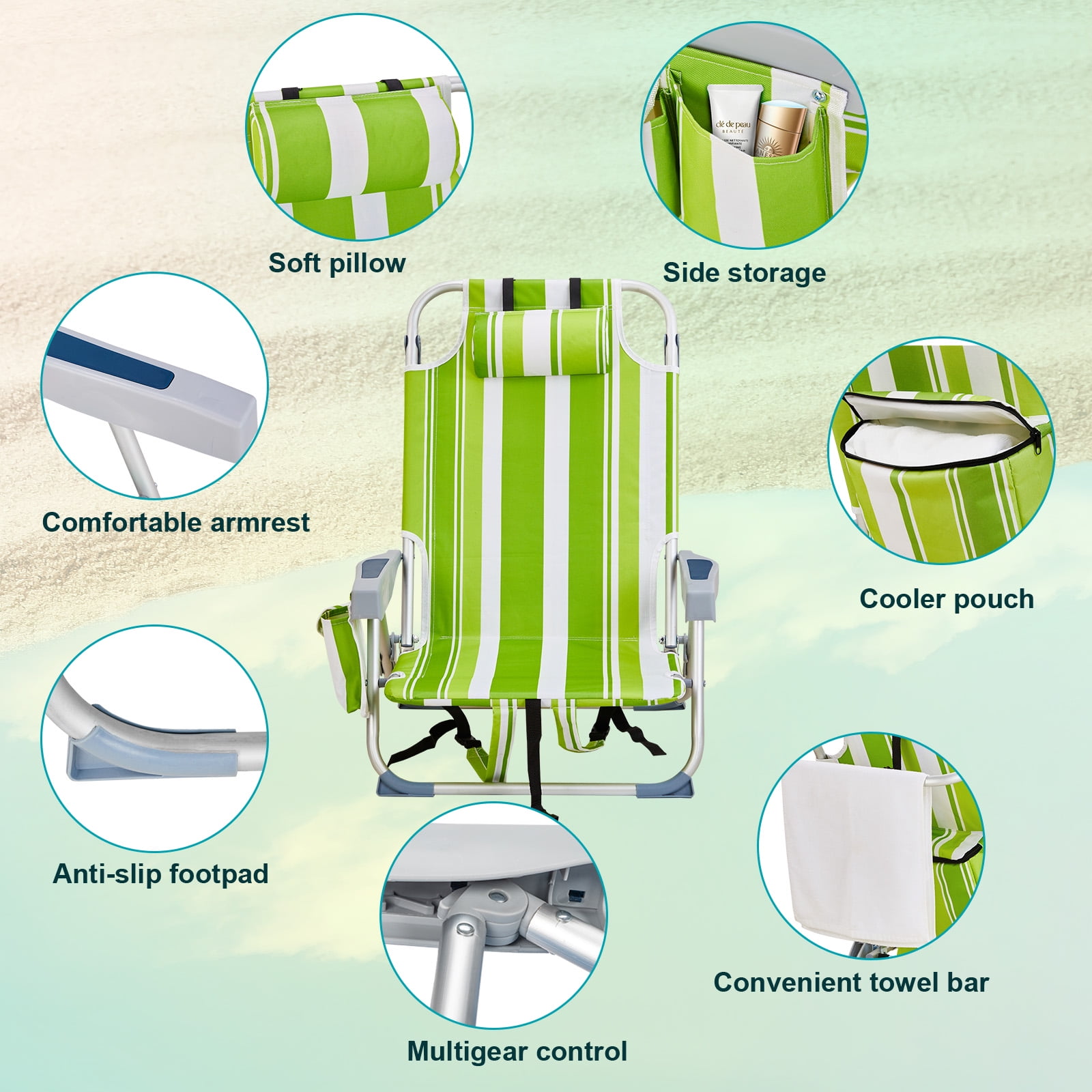 Folding Beach Chair - Lightweight Aluminum Frame, 5-Position Adjustable Back (Lay Flat), Storage Pouches & Cup Holder, for Outdoor Activities, Camping, Picnics, Green Stripes