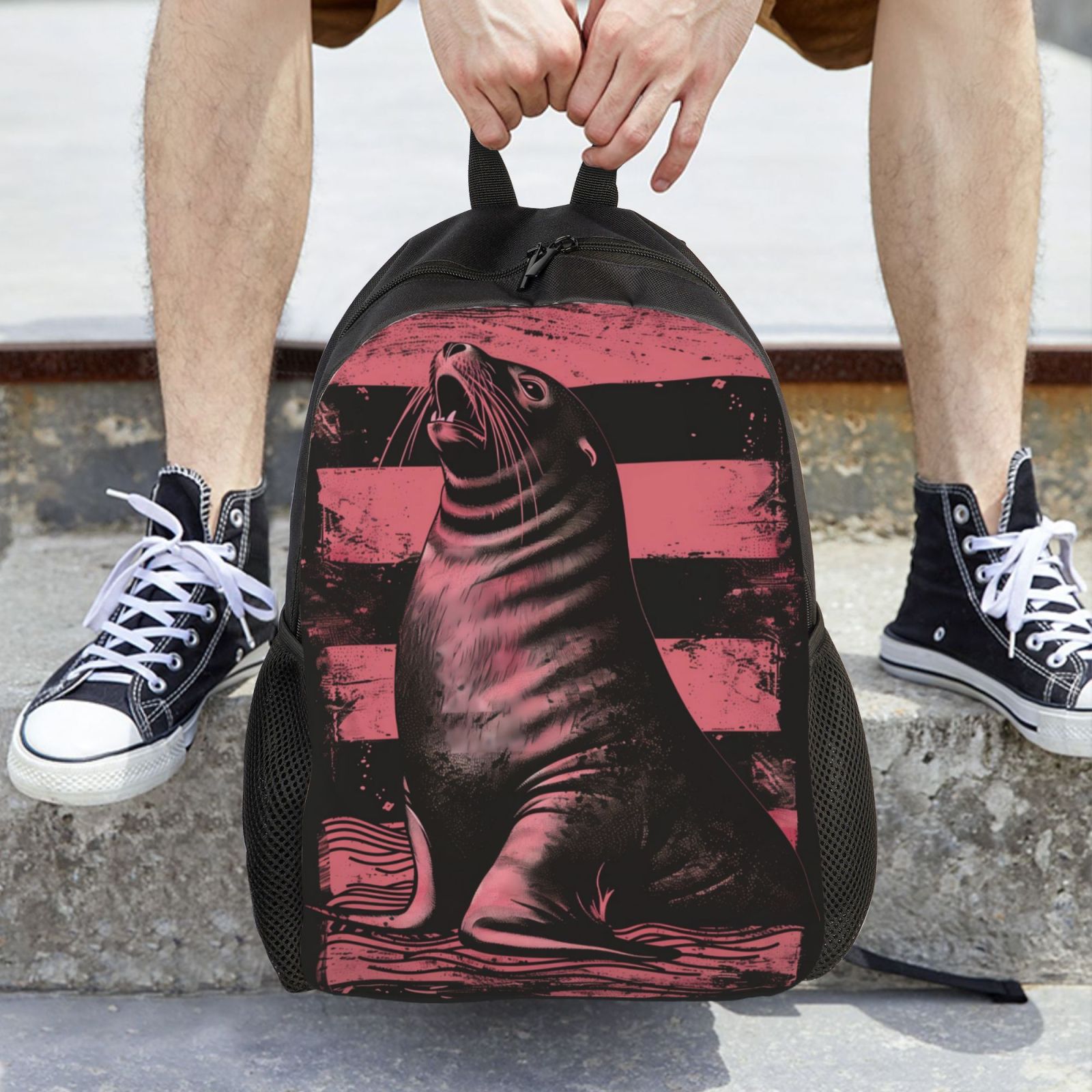 Xecao Graphic Seal On Stripes Print School Backpack with Laptop Compartment Small Travel Laptop Backpack for Women Men Waterproof College Backpack Simple School Bag