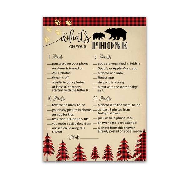LUMBERJACK Baby Shower Games — WHAT'S ON YOUR PHONE Baby Shower Game — Pack of 25 — Country Buffalo Plaid Rustic BOY Baby Shower Games, Country Baby Shower Decoration, Baby Shower Games G805-PHN