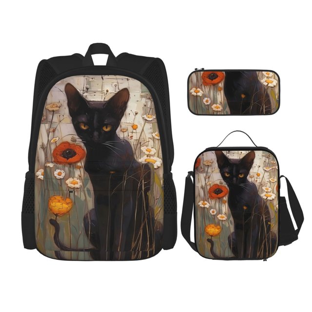 Balery Black Cat in Wildflowers Mochila escolar 3 en 1 para niños: mochila resistente con lonchera térmica y estuche para lápices. Mochila escolar para niños y niñas.