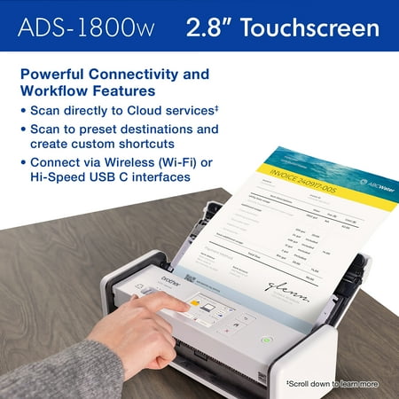Brother - ADS-1800W Compact Wireless Duplex Desktop Scanner with Single Pass Double-Sided Scanning - White