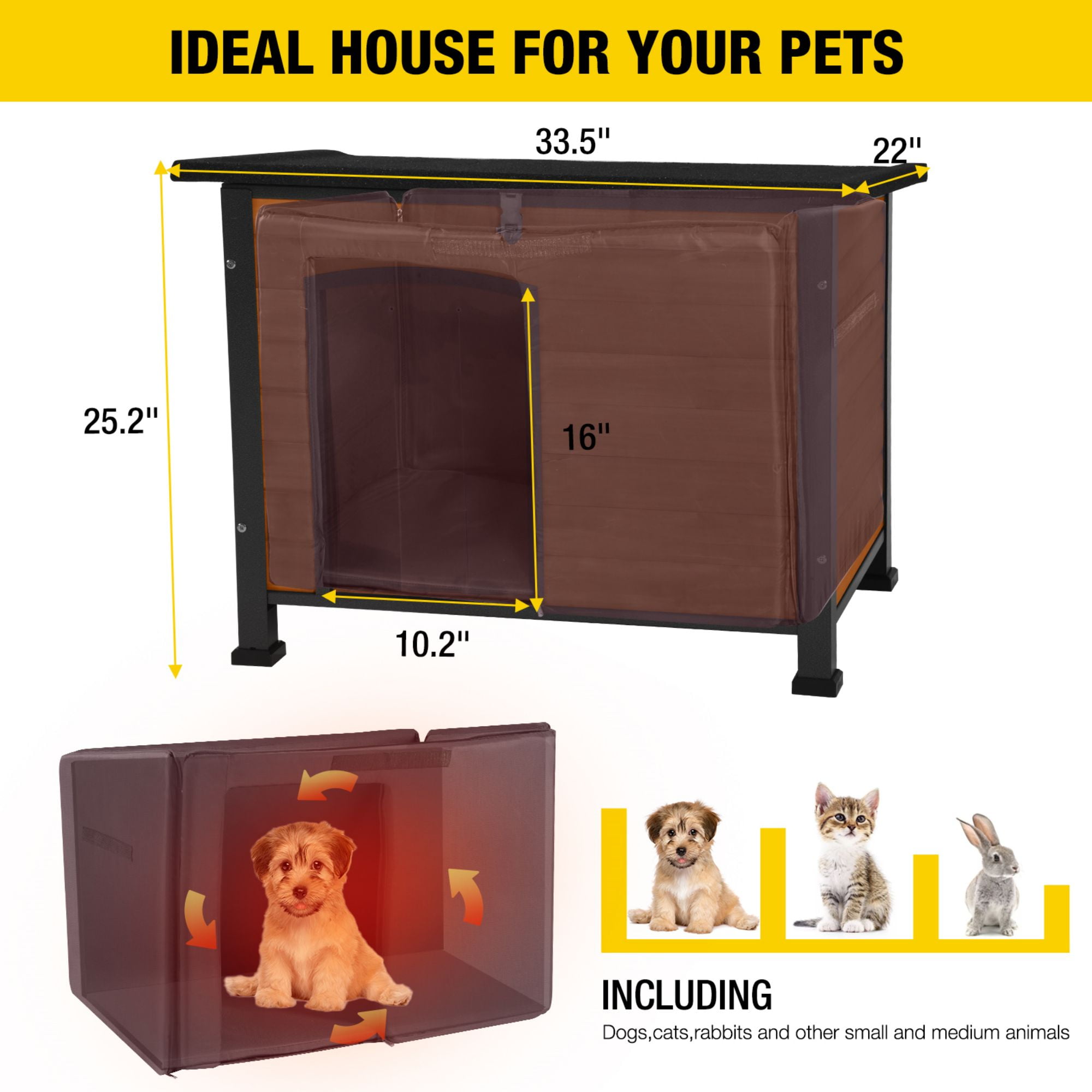 Aivituvin Insulated Outdoor Dog House with Insulated Liner for Winter Weatherproof Dog Kennel All-Around Iron Frame