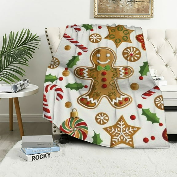 Pratyus Christmas Decorations Gingerbread Man Candy Cane Flannel Throw Blanket for Couch Sofa Bed All Seasons Comfort Lightweight Soft Blanket 40x50in