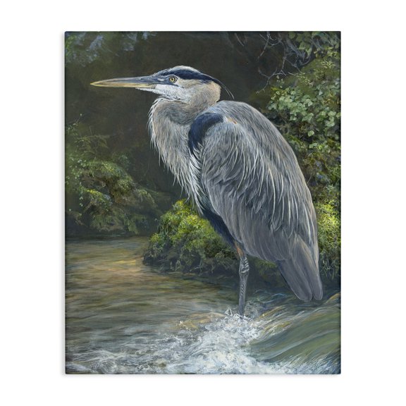 Stupell Industries Blue Heron at Water's Edge Animals Painting Wrapped Canvas Art Print Wall Art, 16 x 20