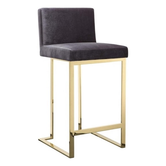 Boly 26 Inch Counter Stool Chair- Cushioned Gray Velvet- Gold Cantilever
