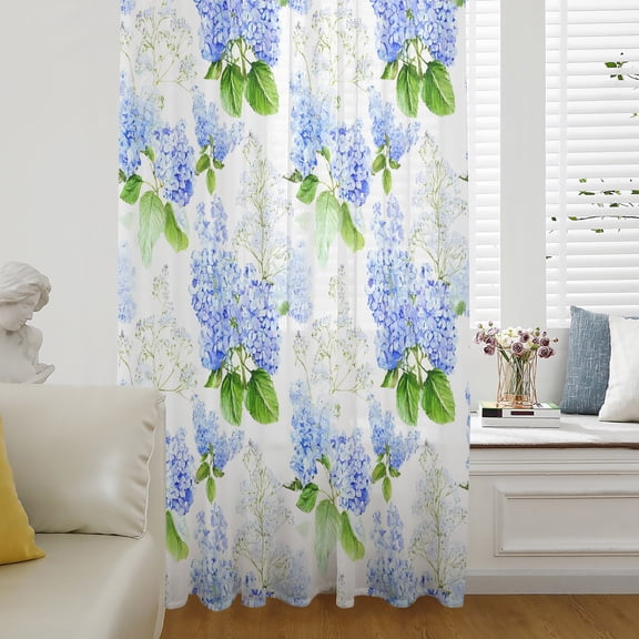 Summer Hydrangeas Sheer Curtains 45 Inch Length, Light Filtering Voile Curtain Panel, White Blue Flowers Pastoral Leaves Rod Pocket Drapes Window Treatments for Living Room Bedroom 52"x45"