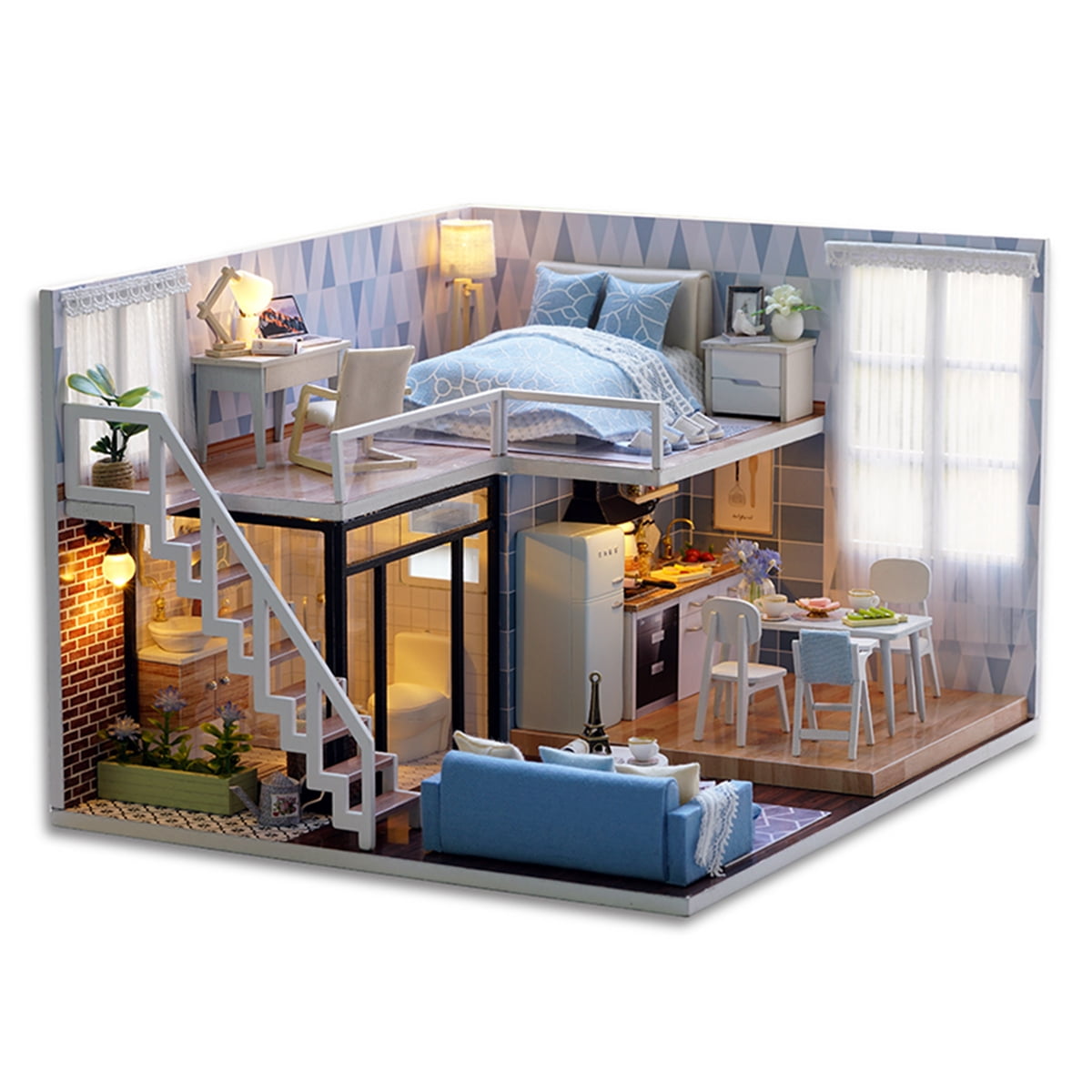 DIY LED Loft Apartments Dollhouse Miniature Wooden Furniture Kit Doll House Gift 