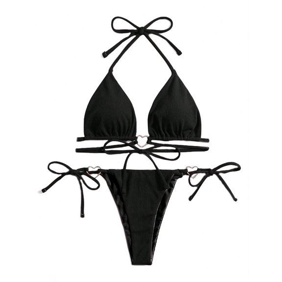 ZPAQI Women Halterneck Heart Ring Linked Swimwear Set 2Pcs Tie Side Thong Swimsuit