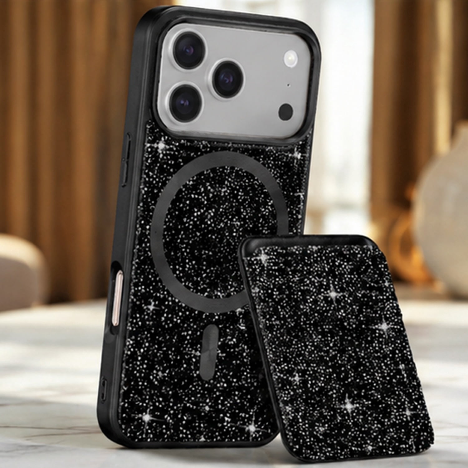 Magnetic Diamond Dual Layer Protection Case with Magnetic Card Slot for iPhone 17 Pro Max - Black