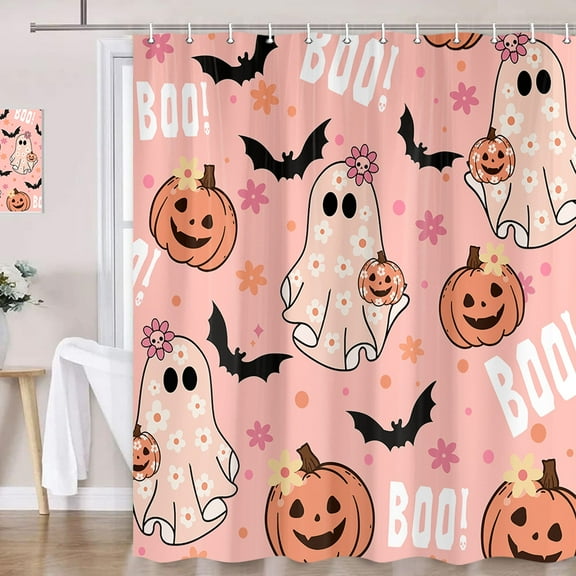 Pink Halloween Shower Curtain, Cute Ghost Pumpkin Black Bat Boo Shower Curtain for Bathroom, Funny Cartoon Spooky Halloween Fabric Bath Curtain Set with Hooks, 70X72IN