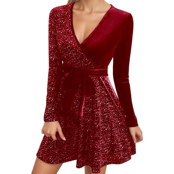 IWRICH Formal Sequin Velvet Mini Dress for Women Fashion Long Sleeve a Line Sparkly V Neck Glitter Short Dresses Red XXXXXL