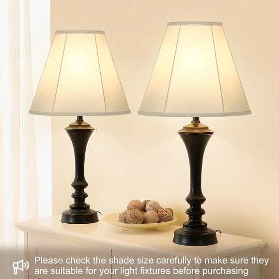 Set of 2 White Bell Lamp Shades, 6" Top x 13" Bottom x 10" High, Natural Linen Fabric with Spider Fitter and Harp Holders – Replacement Shades for Table Lamps
