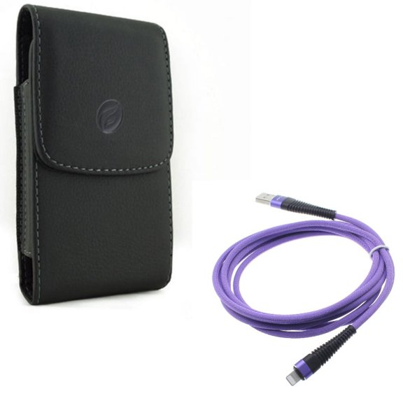 Leather Case Belt Clip w Purple 10ft USB Cable for iPhone XS Max/8 PLUS/7 Plus/6S Plus/6 Plus - Holster Cover Pouch Vertical Carry and Charger Cord Power Wire Braided Long