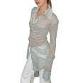 thumbnail image 3 of hirigin Women Long Shirt, See-through Shiny Long Sleeve Turn-down Collar Tops for Club Party, 3 of 9