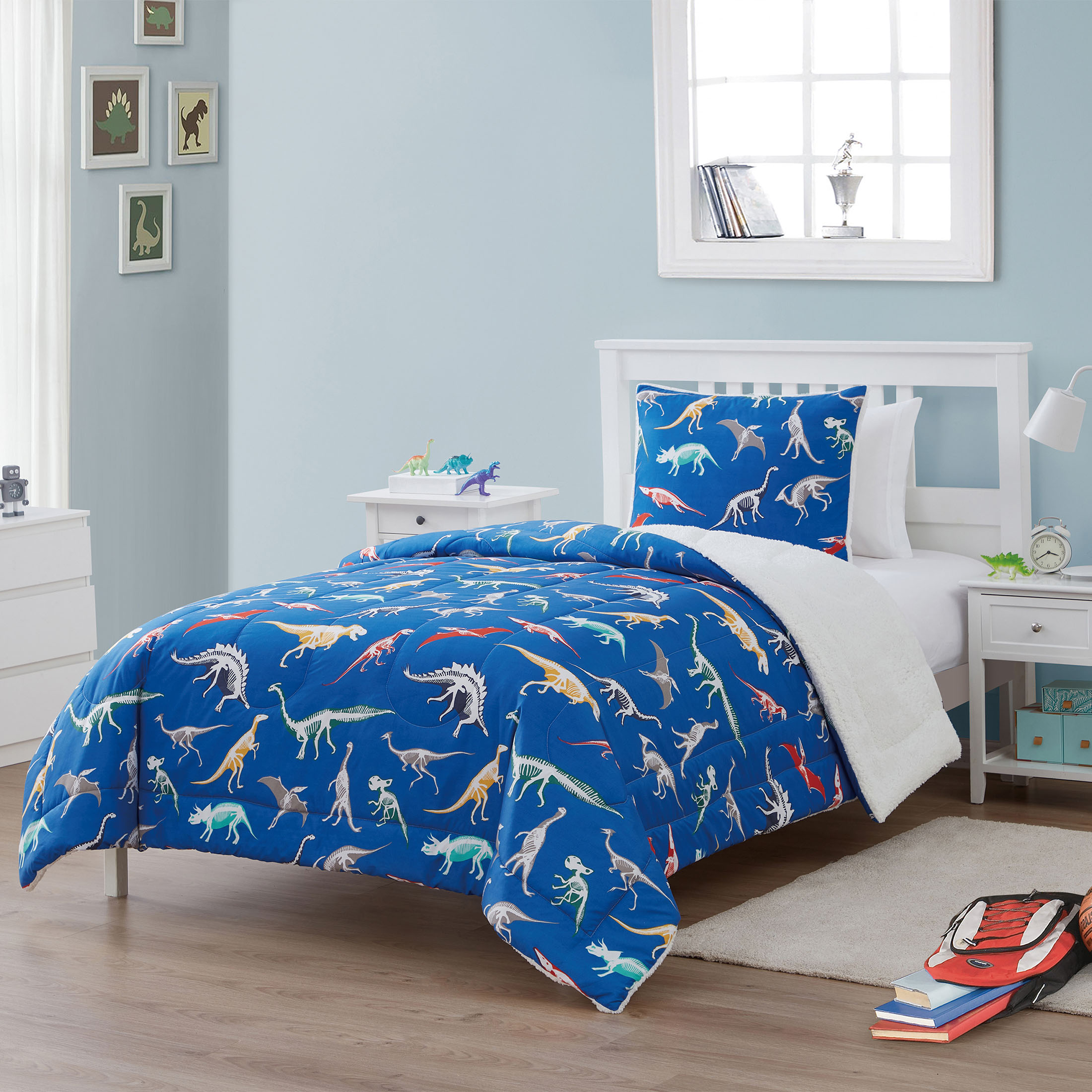 Your Zone Kids Dino 3-Piece Grey Dino Print Polyester Bedding Set, Twin