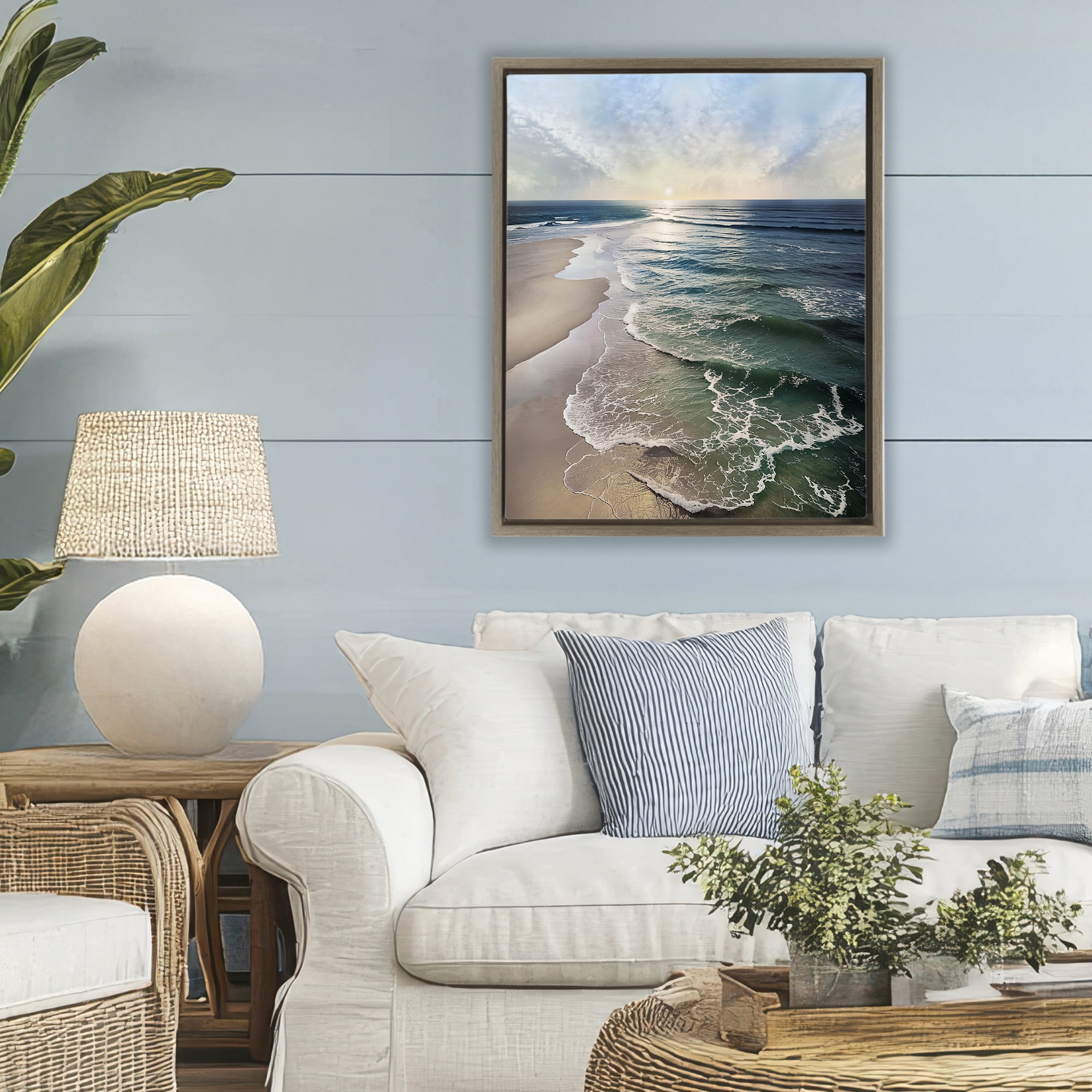Stupell Industries Tranquil Shoreline with Soft Light Brown Framed Floater Canvas Wall Art, design by Mike Calascibetta