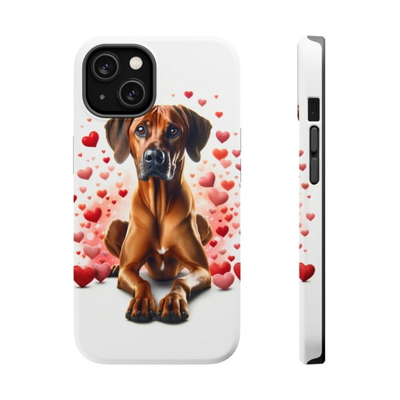 DistinctInk Tough Case for Apple iPhone 14 (6.1" Screen), Compatible with MagSafe Charging - Valentine's Day Rhodesian Ridgeback