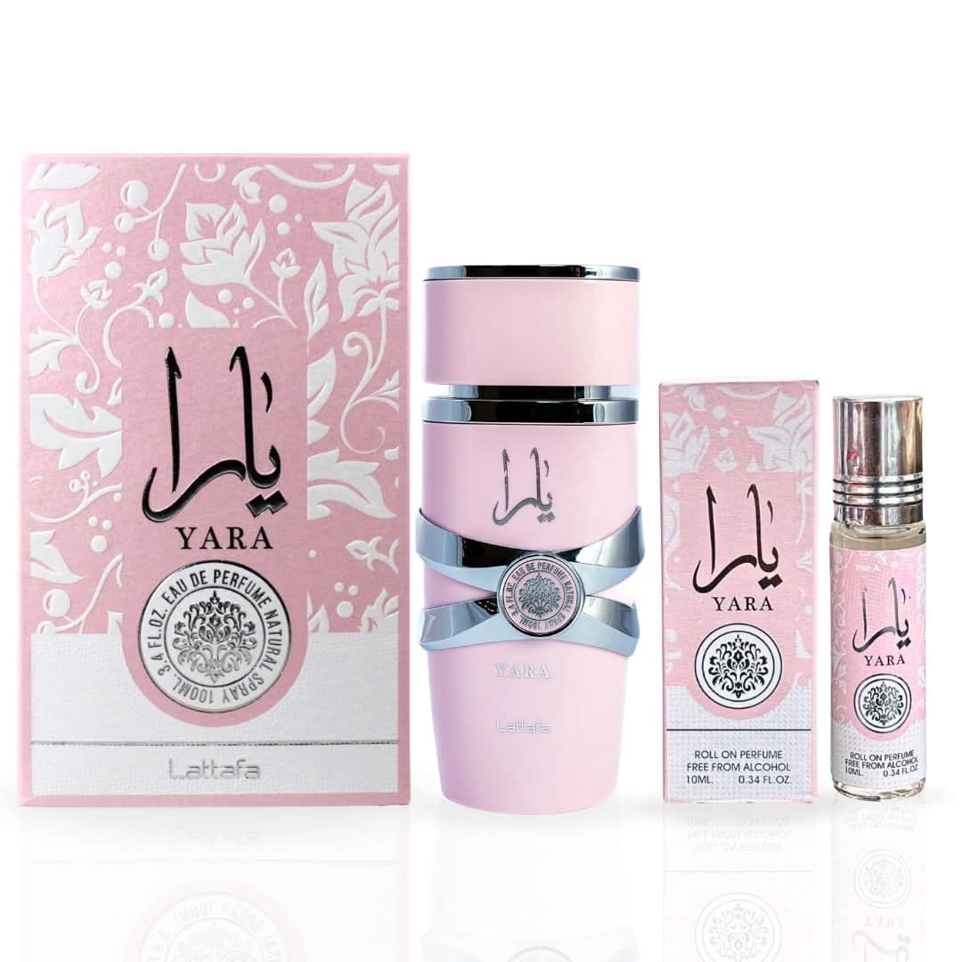 Yara Eau de Parfum Spray 100ml (3.4 oz) by Lattafa & Yara Roll-On Perfume Oil CPO 10ml (0.34 oz) by Ard Al Zaafaran (Bundle)