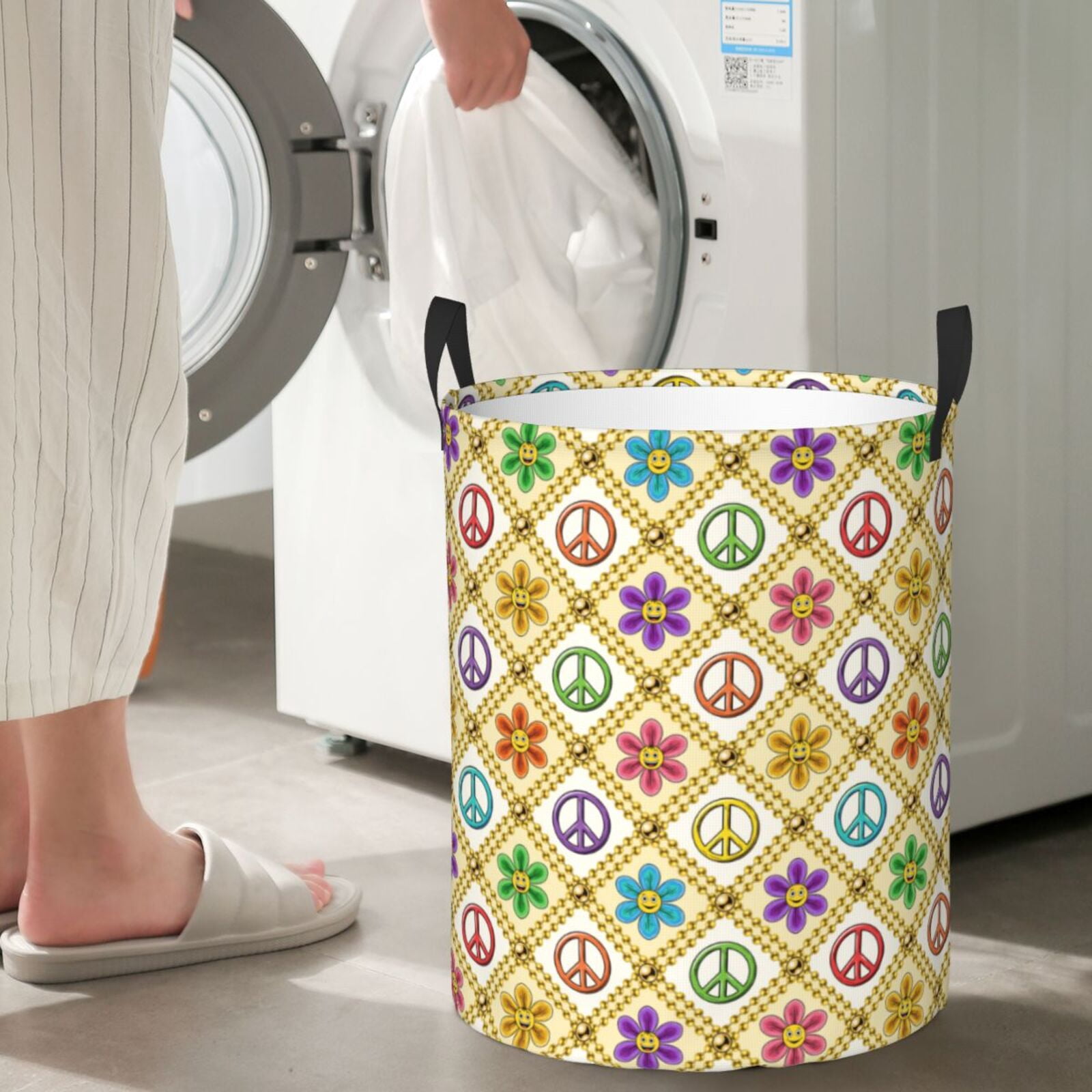 Large Laundry Basket with Handles - peace sign chamomile golden Kids Baby Dirty Clothes Laundry Hamper for Bedroom Aesthetic