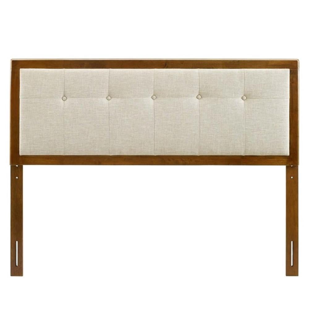 Pemberly Row Tufted Full Fabric and Wood Headboard in Walnut/Beige