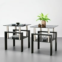 Set of 2, Modern Tempered Glass Tea Table Coffee Table End Table, Square Table for Living Room, Black