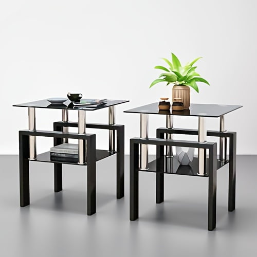 Set of 2, Modern Tempered Glass Tea Table Coffee Table End Table, Square Table for Living Room, Black