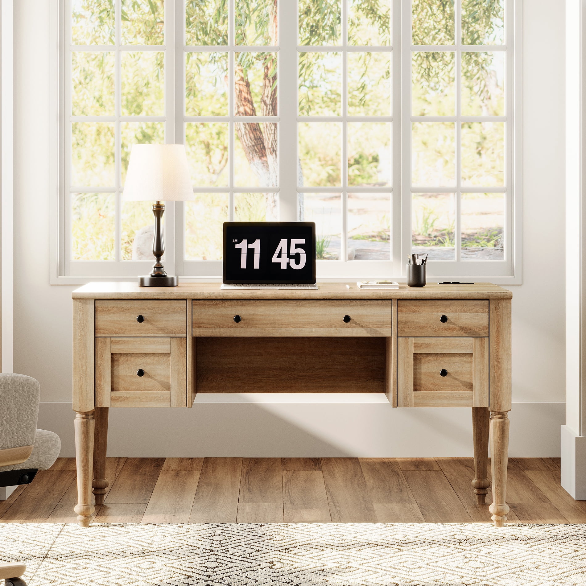 WAMAPT Farmhouse Executive Desk with 5 Drawers, Home Office Desk with Charging Station, Wooden Computer Desk with File Cabinet Storage, Open Shelf for Work and Study, Oak, 56 inch