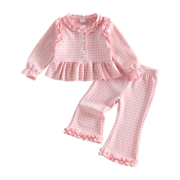 Staki Toddler Baby Girl Fall Clothes 2Pcs Ruffle Plaid Winter Outfits Toddler Girl Outfits Long Sleeve Ruffle Shirt Pants Cute Infant Outfit Set 6M-4T(Pink,12-18 Months)