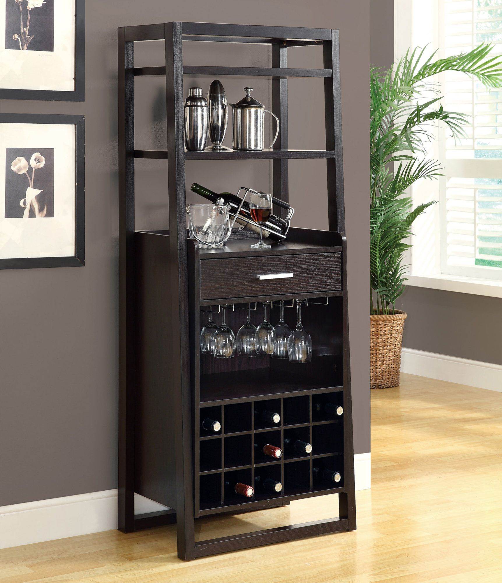 Home Bar Wine Rack Storage Cabinet Laminate Brown Contemporary Modern - image 2 of 5