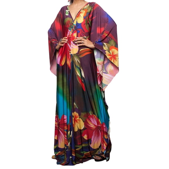 QSAWXQZ Women's Oversize Floral Kaftan Maxi Dress V Neck Batwing Long Sleeve Side Slit Loose Casual Stretchy Dress for Beach Resort Wear Free Size