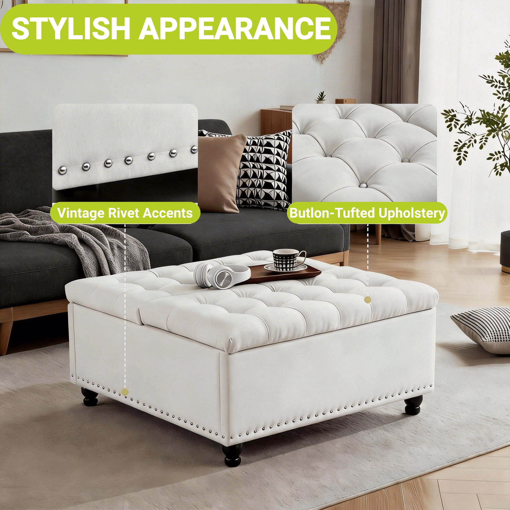 Haewon 34 inch Extra Large Storage Ottoman Coffee Table, No Assembly Required, Oversized Square Ottoman with Storage, Tufted Upholstered Ottomans Coffee Table for Living Room ,Fabric, White