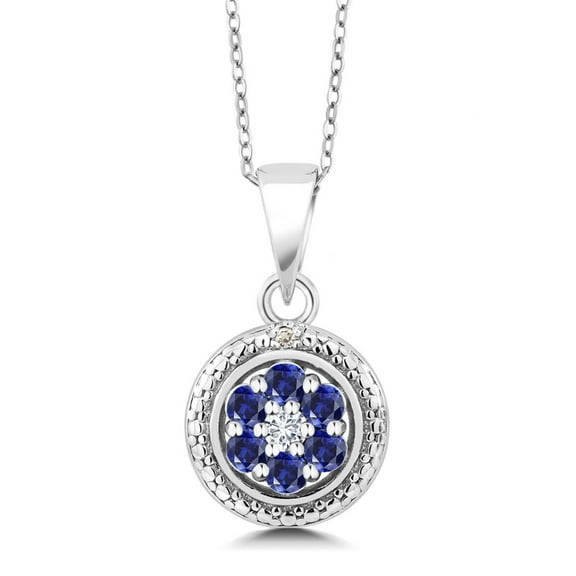 Gem Stone King 925 Sterling Silver Blue Created Sapphire and White Lab Grown Diamond Round Pendant Necklace for Women (0.42 Cttw, Gemstone Birthstone, with 18 inch Chain)