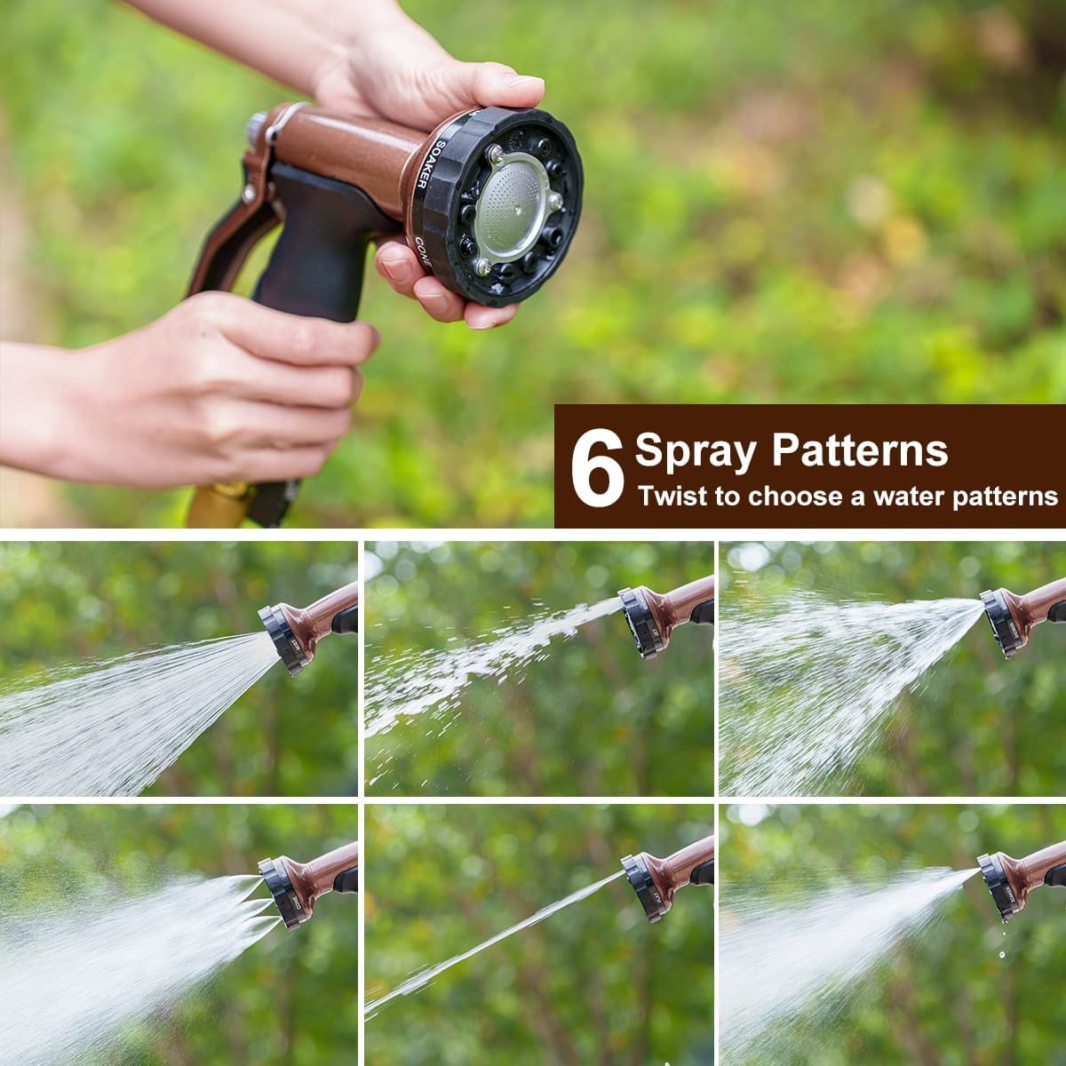 Metal Garden Hose Nozzle, Heavy Duty Water Hose Sprayer with 6 Spray Patterns, High Pressure Water Hose Nozzle with Rear Trigger, Ideal for Outdoor Lawn & Plant Watering, Car & Pet Washing