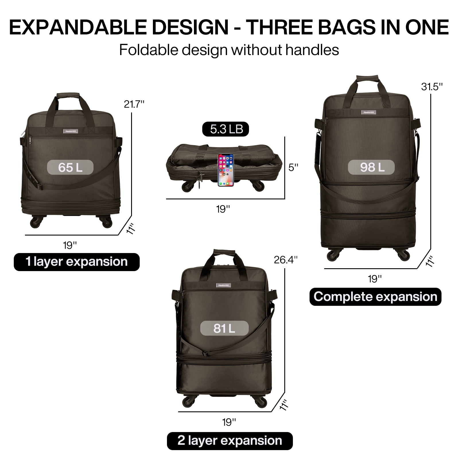 Hanke Suitcases with Wheels Expandable Foldable Luggage Bag Suitcase Collapsible Rolling Travel Bag Duffel Bag for Men Women Lightweight Suitcases,coffee