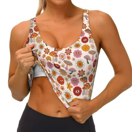 Qokaie Fall 70s Groovy Hippie Pattern Womens Scoop Neck Sports Bra Breathable Workout Vest Padded U Back Medium Impact Fitness Gym Yoga Bra Workout Crop Top