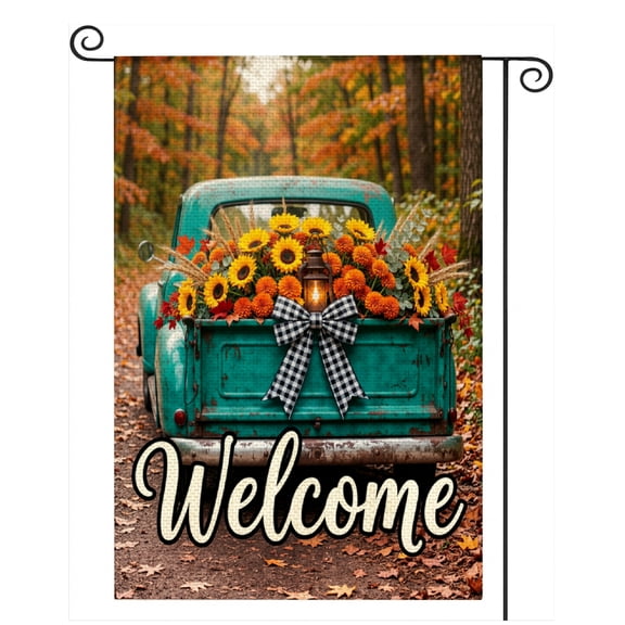 SPXUBZ Welcome Vintage Truck Garden Flag 12x18 Inch, Fall Floral Linen Yard Flag with Rustic Truck Design, Outdoor Decorative Flag for Garden Lawn Porch Decor