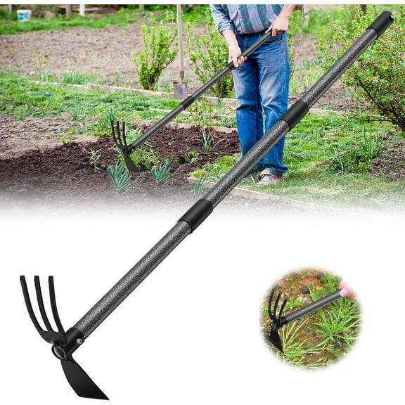 Hoe and Cultivator - 45” Long Handle - Heavy Duty Garden Hoe Tiller, Standing Hoe Garden Tools Durable Cultivator Hoes Hand Rake Fork for Gardening Weeding Planting Loosening Soil