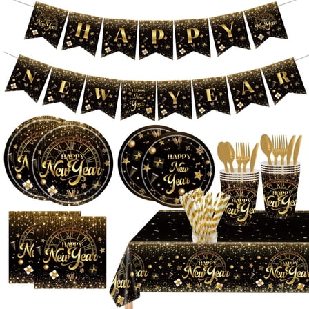 New Years Eve Party Decorations, 2026 Party Supplies Tableware Set Serves 20, with Plates Napkins Cups Forks Knives Spoons Tablecloth Banner Ballons, NYE Themed Disposable Dinnerware