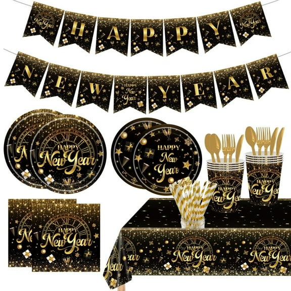 New Years Eve Party Decorations, 2026 Party Supplies Tableware Set Serves 20, with Plates Napkins Cups Forks Knives Spoons Tablecloth Banner Ballons, NYE Themed Disposable Dinnerware